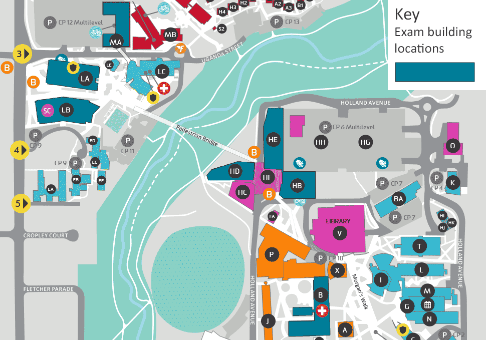Map of Burwood Campus displaying buildings where exams are located