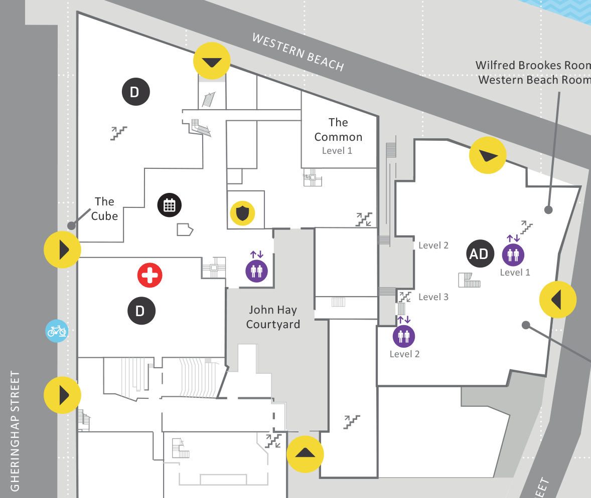 Map of Waterfront Campus displaying buildings where exams are located