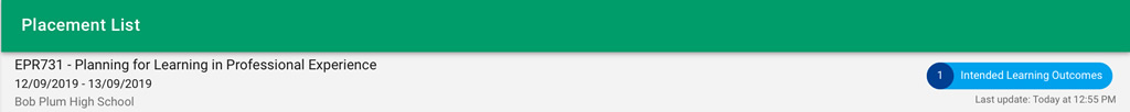 Image of what a placement looks like after being entered in PEER