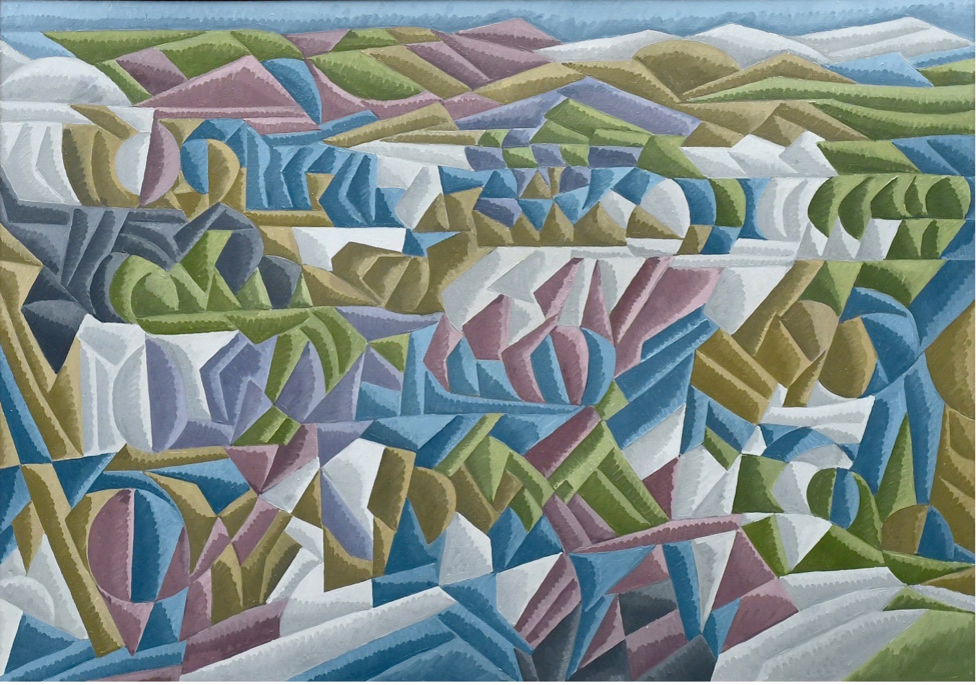 An abstracted painting consisting of small cross-hatched blue, purple, olive green and white cross-hatched sections that form an undulating landscape vista.