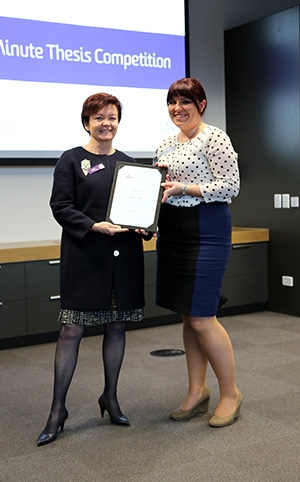 Deakin University Vice-Chancellor Professor Jane den Hollander with Ms Natalie Gasz (right), winner of Deakin's 2015 3MT competition.