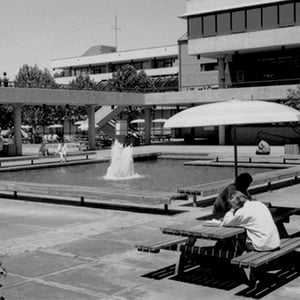 Black and white photo of first Deakin University students on campus