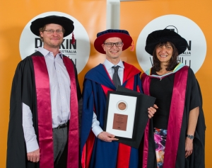 Alfred Deakin Medal winner Dr Anthony Somers (centre), with his supervisors Associate Professor Patrick Howlett and Professor Maria Forsyth.