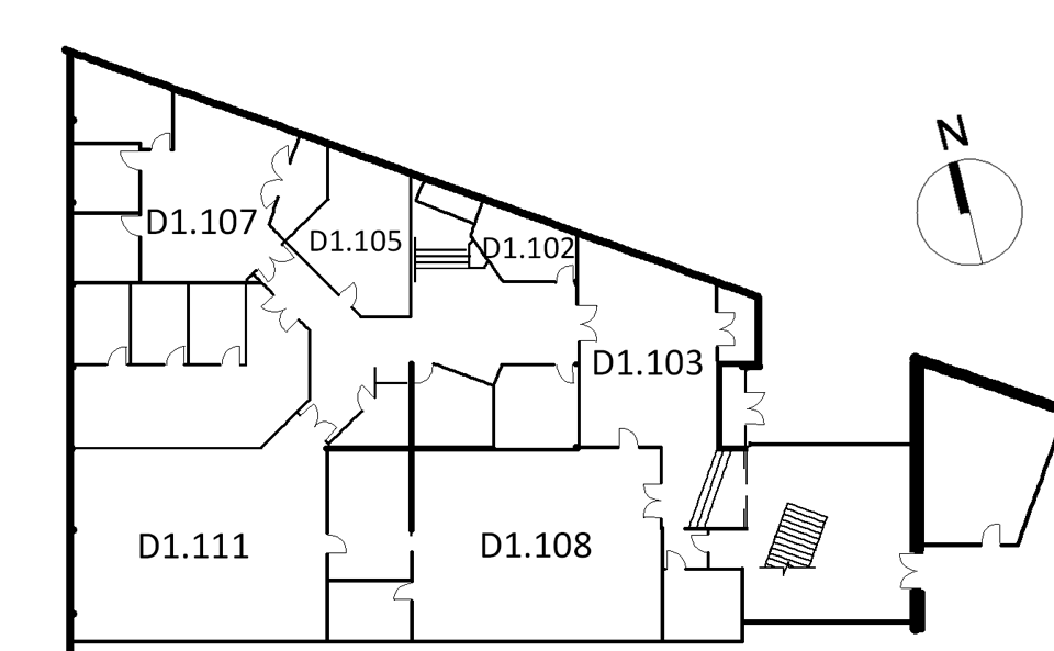 Map indicating the location of the rooms listed for Building D, level 1