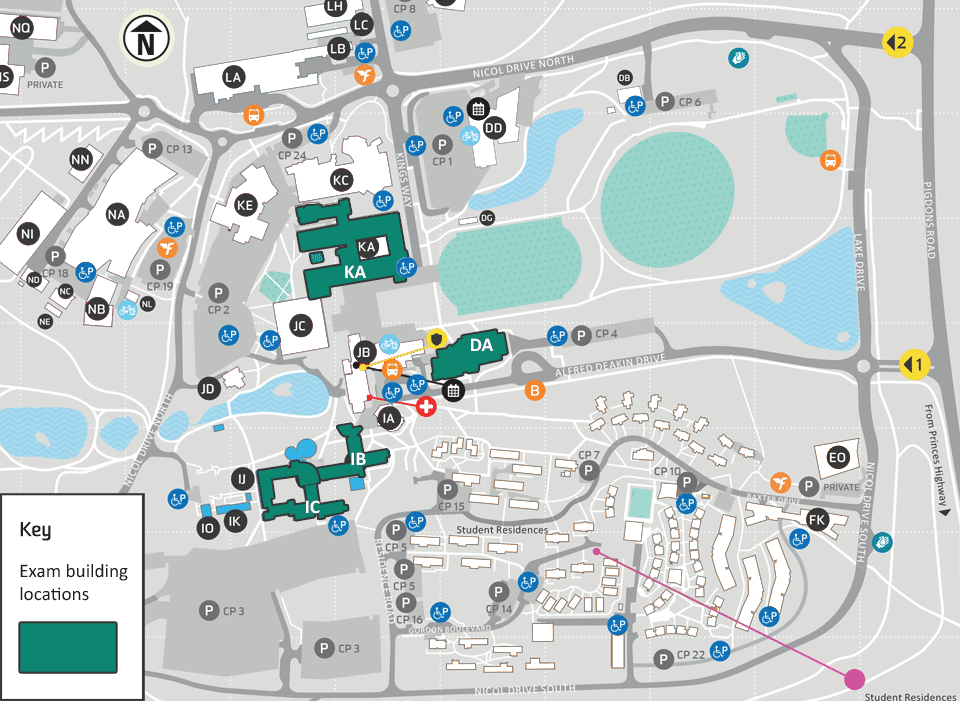 Map of Waurn Ponds Campus displaying buildings where exams are located