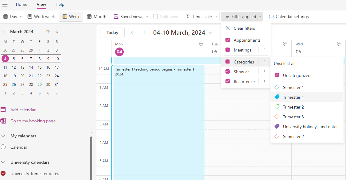 example of selecting to filter by trimester 1 and University holidays