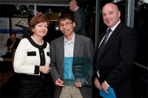From left, Vice-Chancellor Professor Jane den Hollander, Dr Dinh Phung and President of the Geelong Chamber of Commerce, Mark Sanders.