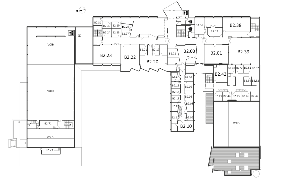 Map indicating the location of the rooms listed for Building B, level 2
