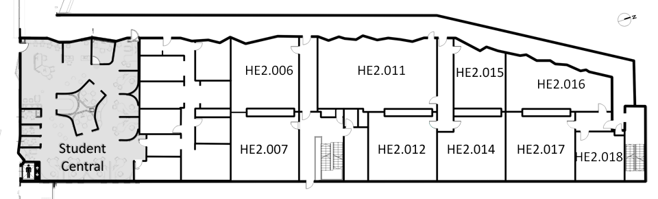 Map indicating the location of the rooms listed for Building HE, level 2