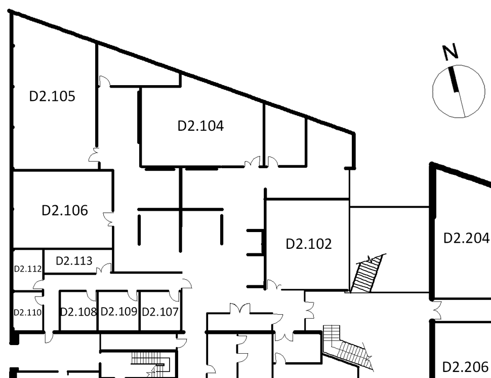 Map indicating the location of the rooms listed for Building D, level 2
