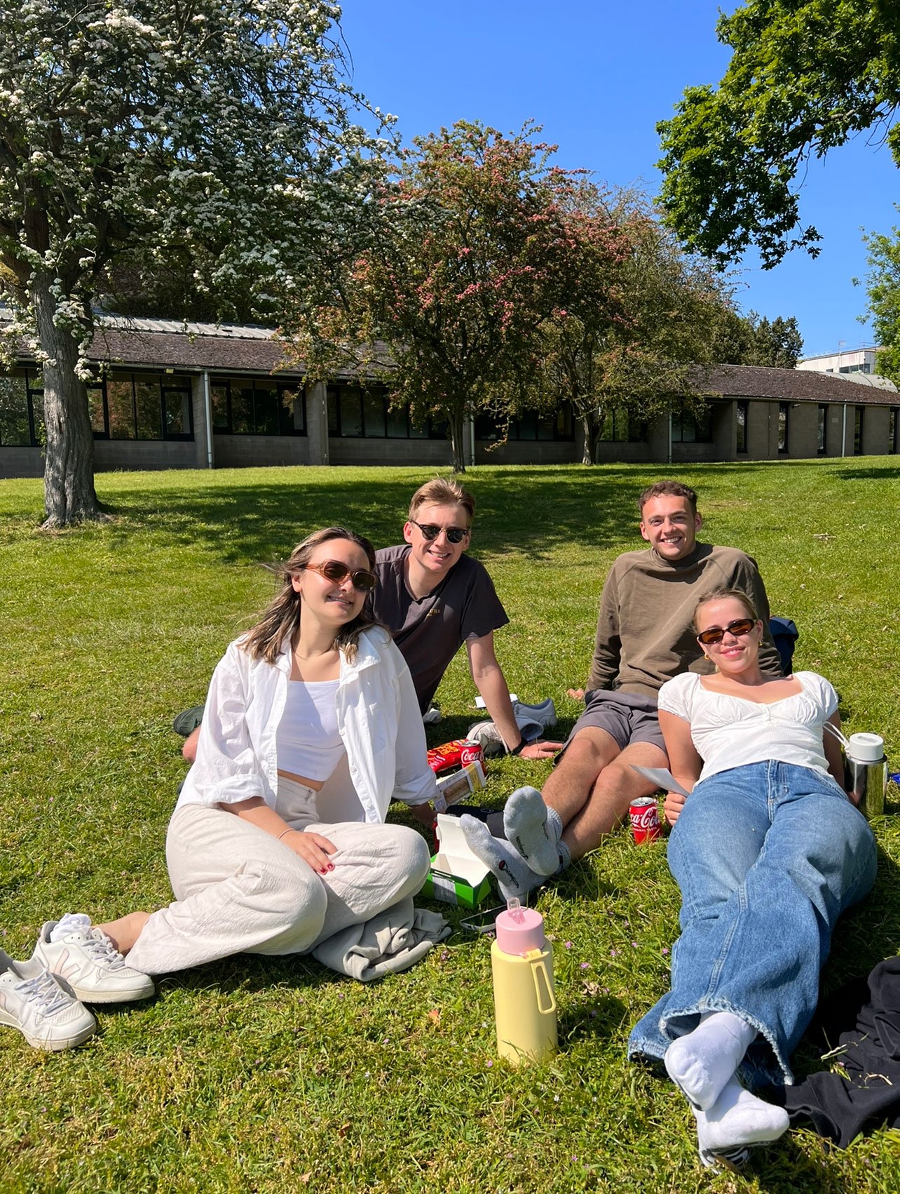 Four students lounging on the lawn at UEA