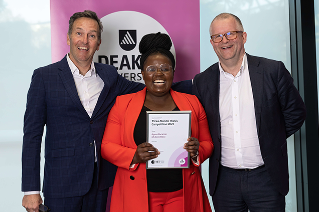 2023 3MT Winner Agnes Mukurumbira, Vice Chancellor Iain Martin and 2023 3MT MC