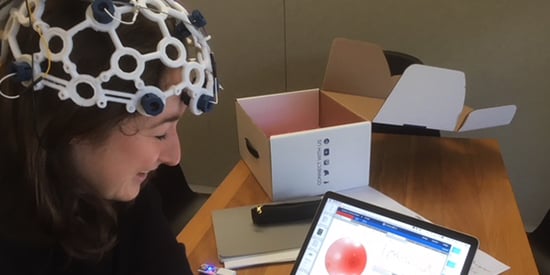 Ms Bower wearing a 3D printed 8 channel dry electrode electroencephalogram (EEG for short) to measure electrical activity in the brain.