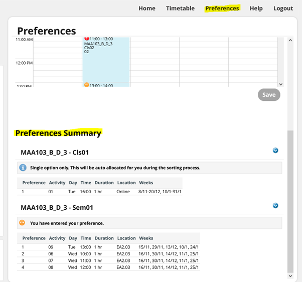 screenshot of STAR showing the preference summary screen