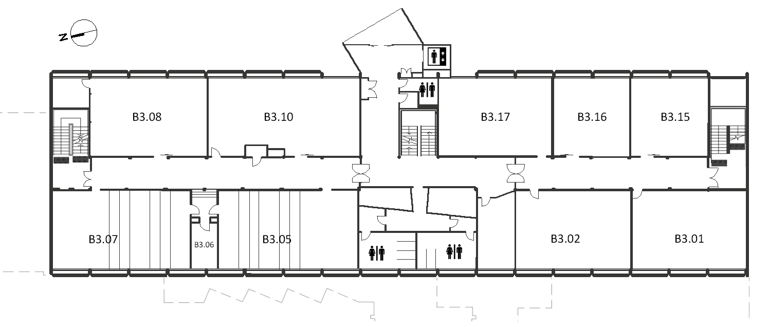Map indicating the location of the rooms listed for Building B, level 3