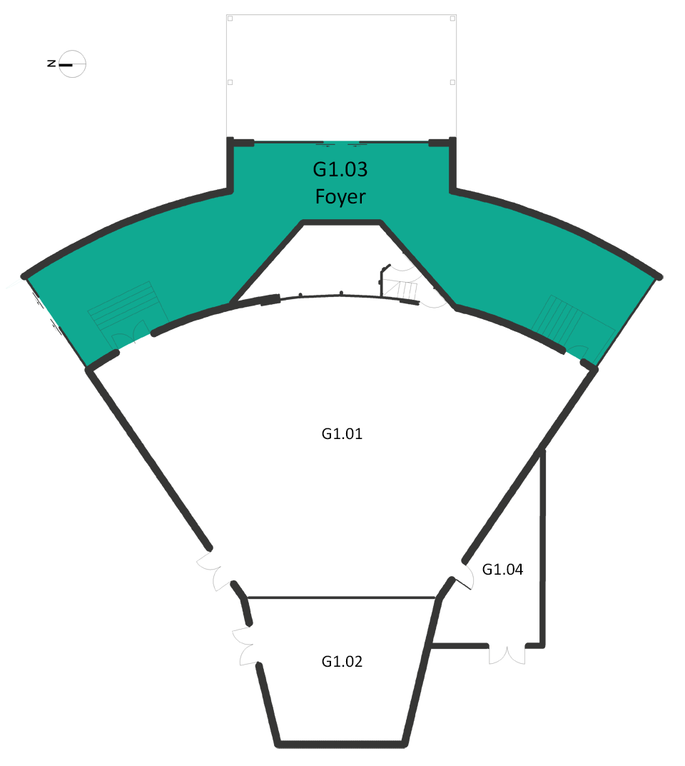 Map indicating the location of the rooms listed for Building G