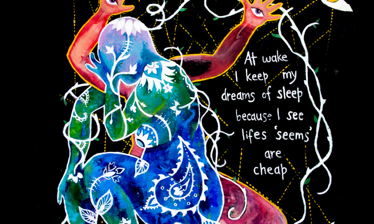 I'm gazing back 2021, synthetic polymer paint on calico. Courtesy and copyright the artist.