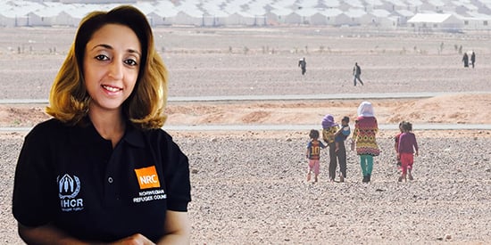 Samia Alansi, NRC Logistics Manager Jordon, and the Azraq Refugee camp, Jordan (March 2015). Photo of camp: Christopher Herwig/NRC