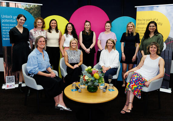 A group of professionals at the Women in Sport 10 Year celebrations at Deakin Downtown. 