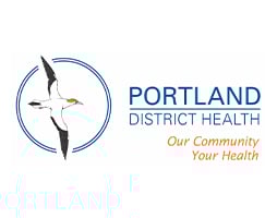 Logo for Portland District Health. Depicts the organisation same, with a bird inside a blue outline on the left and a tagline below. Tagline reads "Our community, your health".