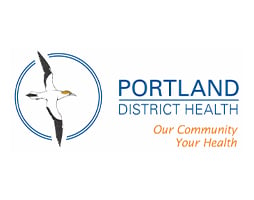 Logo for Portland District Health. Depicts the organisation same, with a bird inside a blue outline on the left and a tagline below. Tagline reads "Our community, your health".