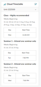 Screenshot of Cloud Timetable with unit code, class and seminar times for relevant weeks.