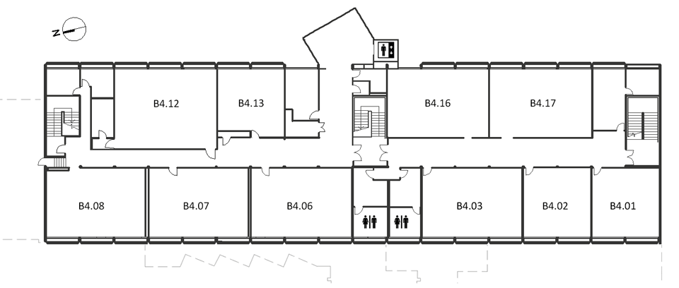 Map indicating the location of the rooms listed for Building B, level 4