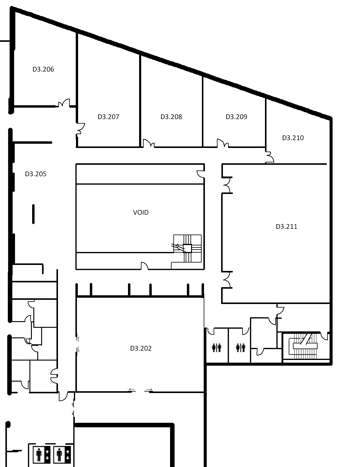 Map indicating the location of the rooms listed for Building D, level 3