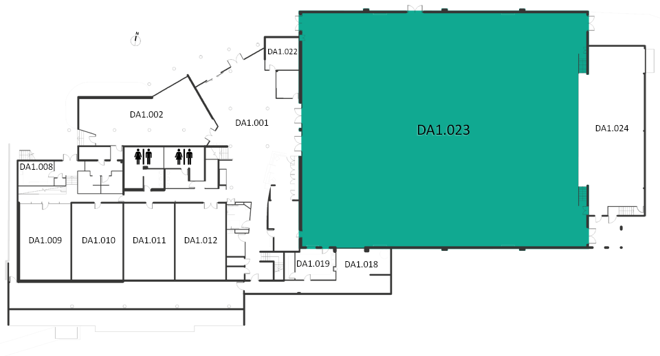 Map indicating the location of the rooms listed for Building DA