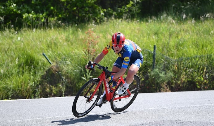 Lauretta Hanson riding a racing bike