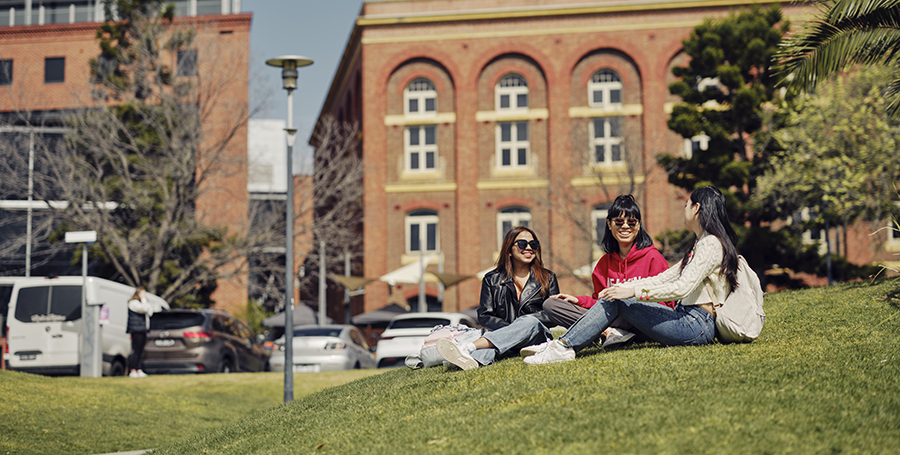 Three students talking and sitting on a lawn