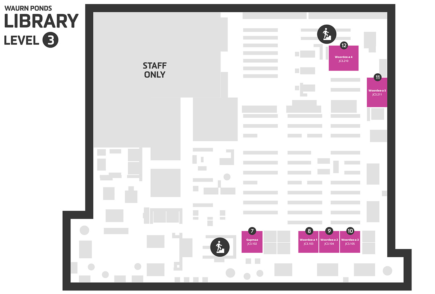 Floorplan of Waurn Ponds Campus Library Level 3, showing bookable rooms