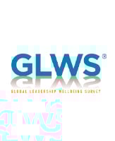 GLWS logo. Image depicts letters GLWS in blue text. Global Leadership Wellbeing Survey is written below in orange text.