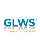 GLWS logo. Image depicts letters GLWS in blue text. Global Leadership Wellbeing Survey is written below in orange text.