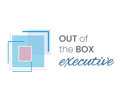 Out of the Box Executive logo. Image depicts a blue and pink square vector. On the right hand side, black and blue text says Out of the Box Executive.