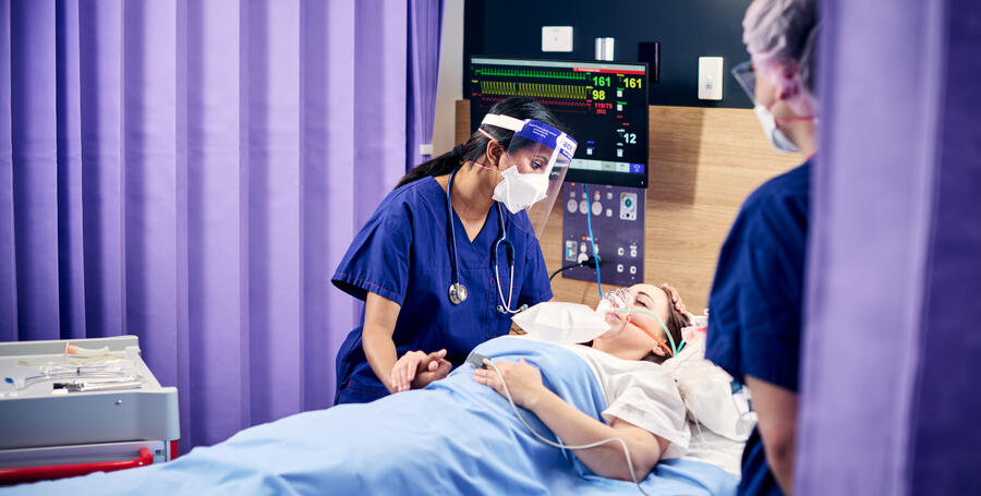 Nursing students with a patient in Deakin's Burwood simulation centre