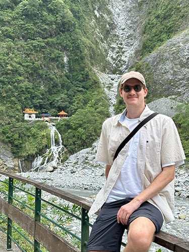Deakin student Shaun outside a temple in Taiwan