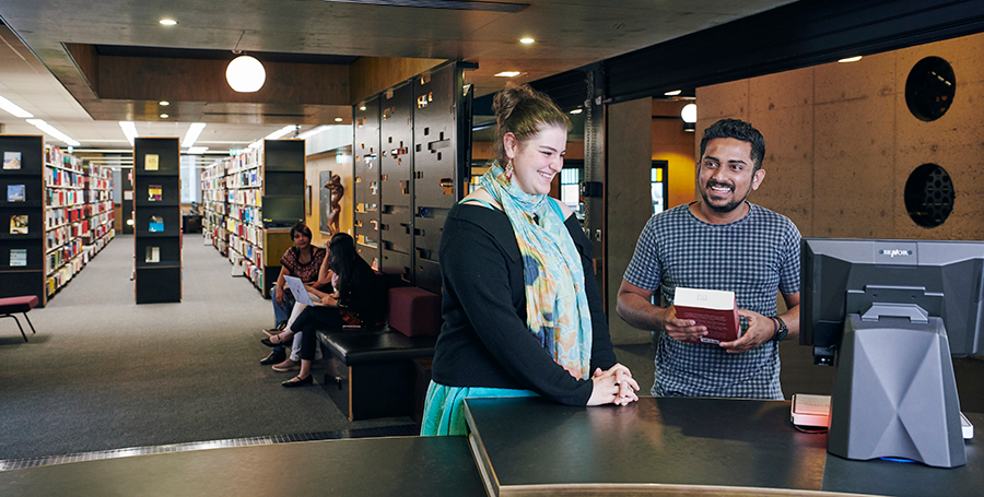 Two students at the Deakin Waurn Ponds Campus cafe.