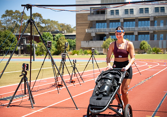 3D motion analysis using infra-red cameras track reflective markers on participant to measure biomechanical load when running with pram to validate data from Garmin smartwatch