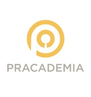 Pracademia logo. Pracademia is written in black text. Above is an orange P-shaped vector.