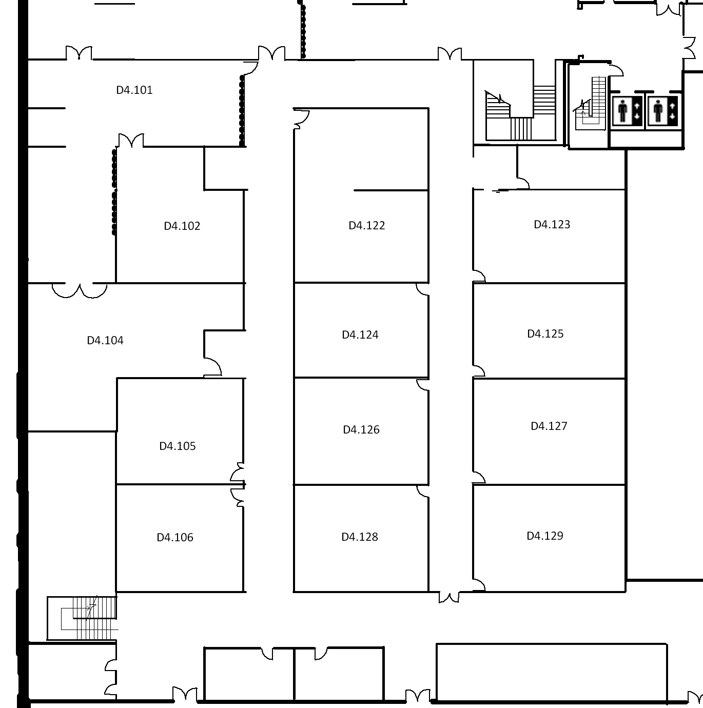 Map indicating the location of the rooms listed for Building D, level 4