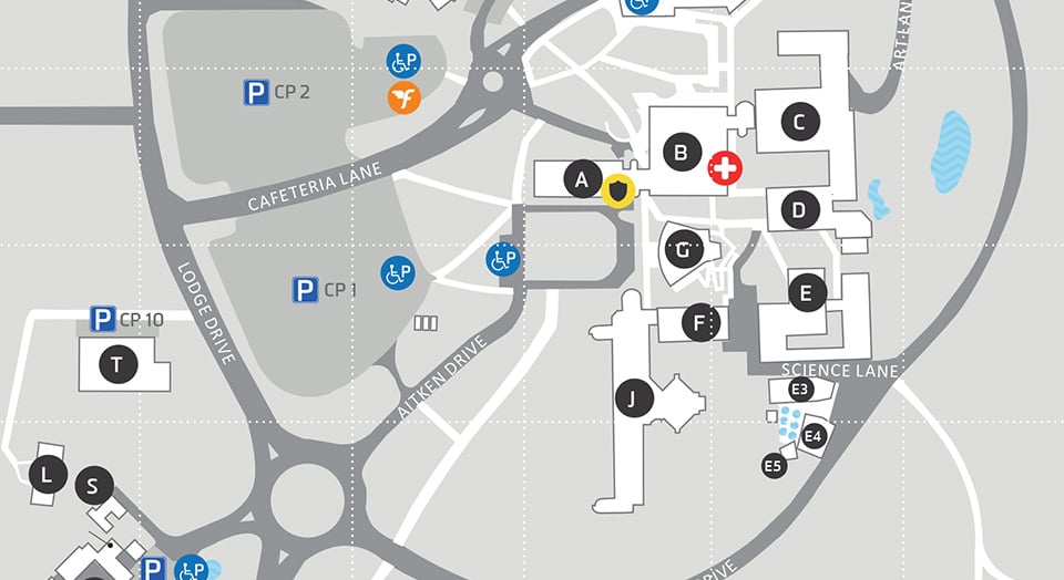 Map displaying section of campus where exam buildings are