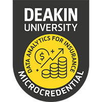 A yellow badge with coins in the middle and text Deakin University Microcredential, Data Analytics for Insurance