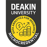 A yellow badge with coins in the middle and text Deakin University Microcredential, Data Analytics for Insurance