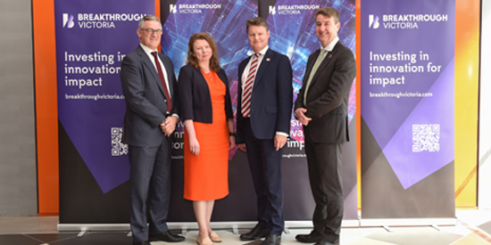 A national leader in research commercialisation and collaboration, Deakin is Australia's number one university for equity held in start-up and spin-out companies (SCOPR). From left: Grant Dooley CEO, Breakthrough Victoria; Dr Olga Hogan, Breakthrough Victoria; The Hon. Ben Carroll, Minister for Industry and Innovation Victoria; Alfred Deakin Professor Matthew Clarke, Acting Deputy Vice-Chancellor Research Deakin University