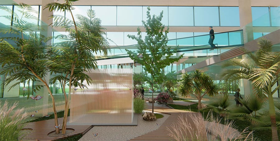 An artist impression of the Deakin University GIFT City India Campus, indoors.