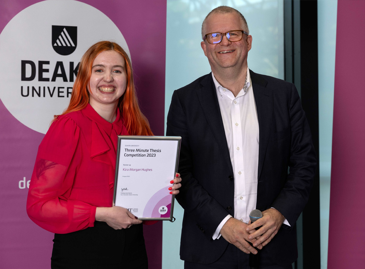 2023 Deakin 3MT Runner-up and People's Choice Award winner, Kira Morgan Hughes with Deakin Vice-Chancellor Iain Martin