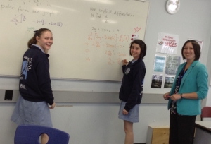 Alfred Deakin Medallist Ms Grace Jefferson, with Sacred Heart specialist maths students, Renee Demeo (left) and Meave Miller-Stawyskyj.