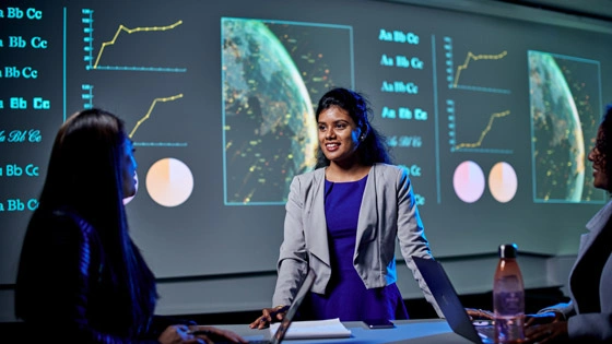 Three business students inside classroom with data graphs on a presentation screen