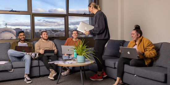 Group of Deakin students hang out at Deakin Melbourne Burwood Campus.